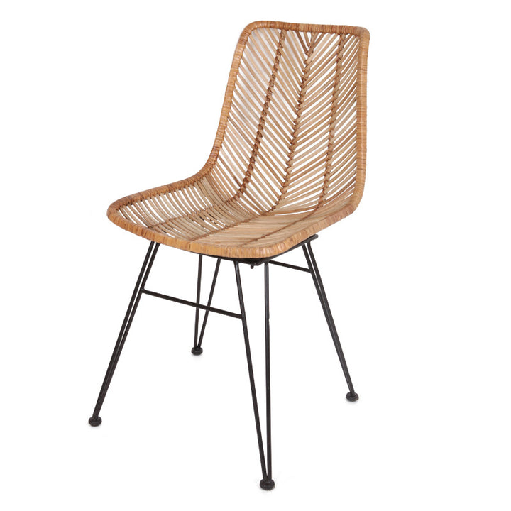 Coastal Rattan Dining Chair - Hand-Woven Feather-Leaf Texture &amp; Iron Frame Chair For Dining Room &amp; Kitchen