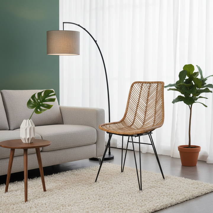 Coastal Rattan Dining Chair - Hand-Woven Feather-Leaf Texture &amp; Iron Frame Chair For Dining Room &amp; Kitchen