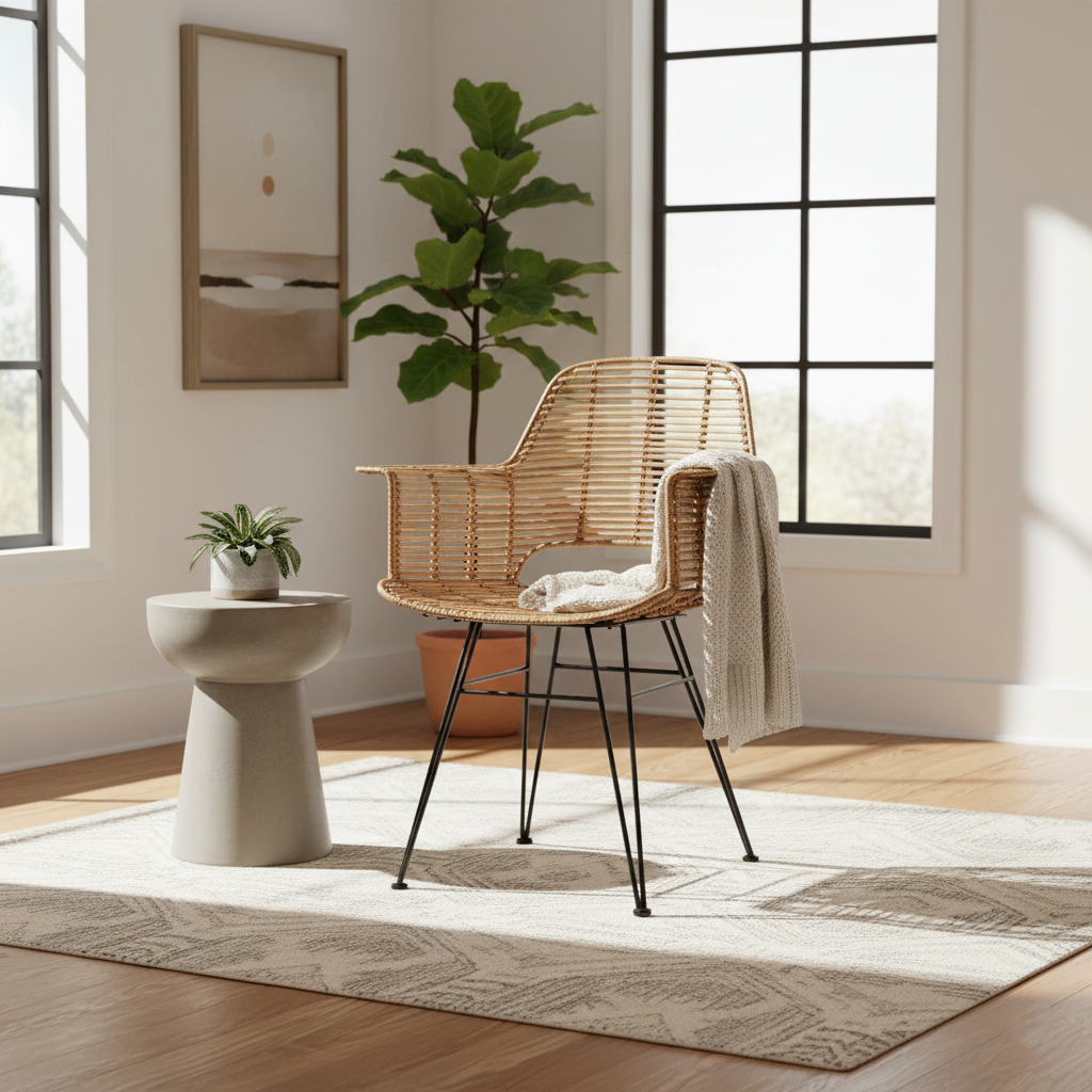 Lightweight Rattan Armchair - Breathable Hand-Woven Chair Backrest Armrest For Living Room