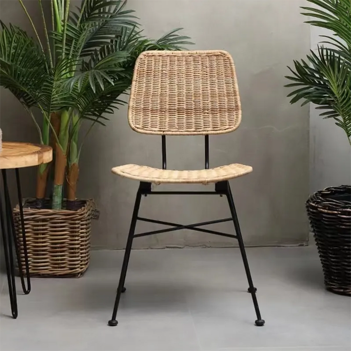 Sleek Minimalist Iron Frame Chair - Hand-Woven Breathable Rattan Dining Chair For Dining Room &amp; Kitchen