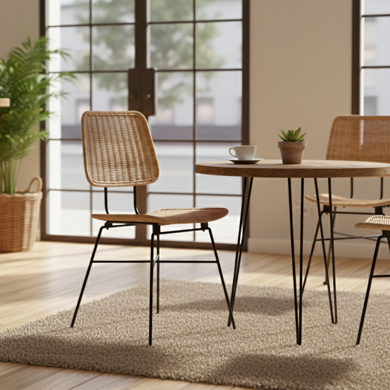 Sleek Minimalist Iron Frame Chair - Hand-Woven Breathable Rattan Dining Chair For Dining Room &amp; Kitchen