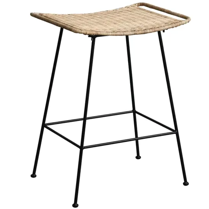 Curved-Seat Rattan Bar Stool - Lightweight Rattan Weaving Backless Stool For Dining Room