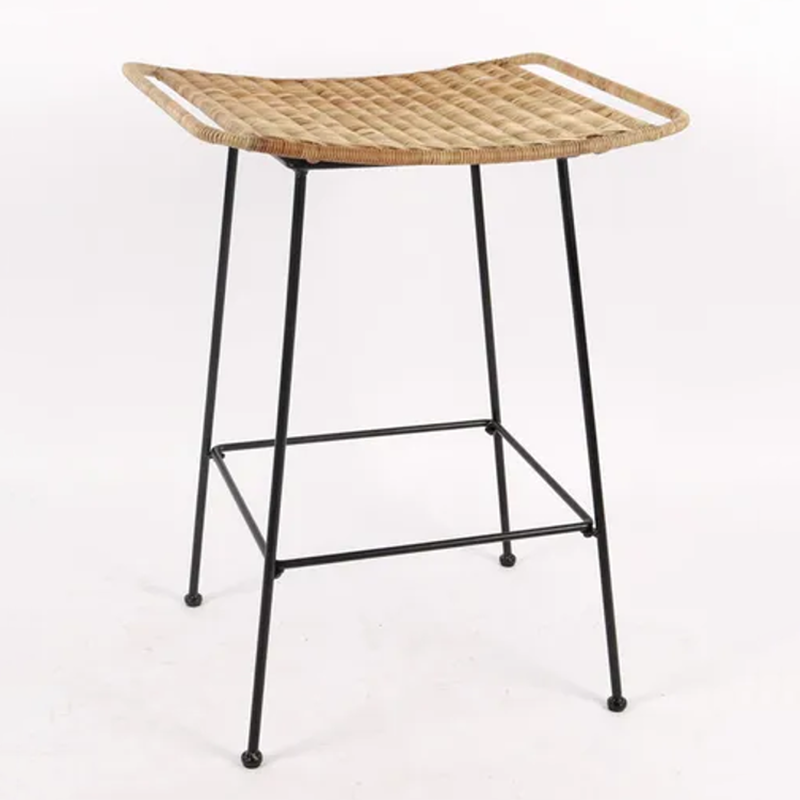 Curved-Seat Rattan Bar Stool - Lightweight Rattan Weaving Backless Stool For Dining Room