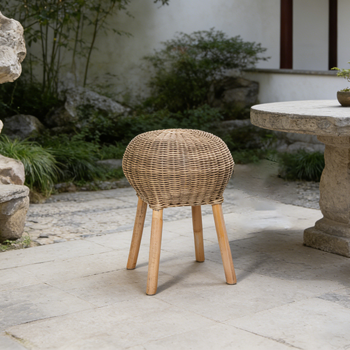 Traditional Chinese Natural Rattan Shoe Bench - Drum Handmade Shoe Stool For Living Room