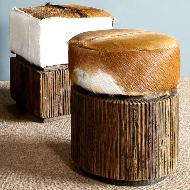 Tabouret traditionnel en bois de teck et peau de chèvre - Chaise de mobilier oriental faite à la main pour salon 