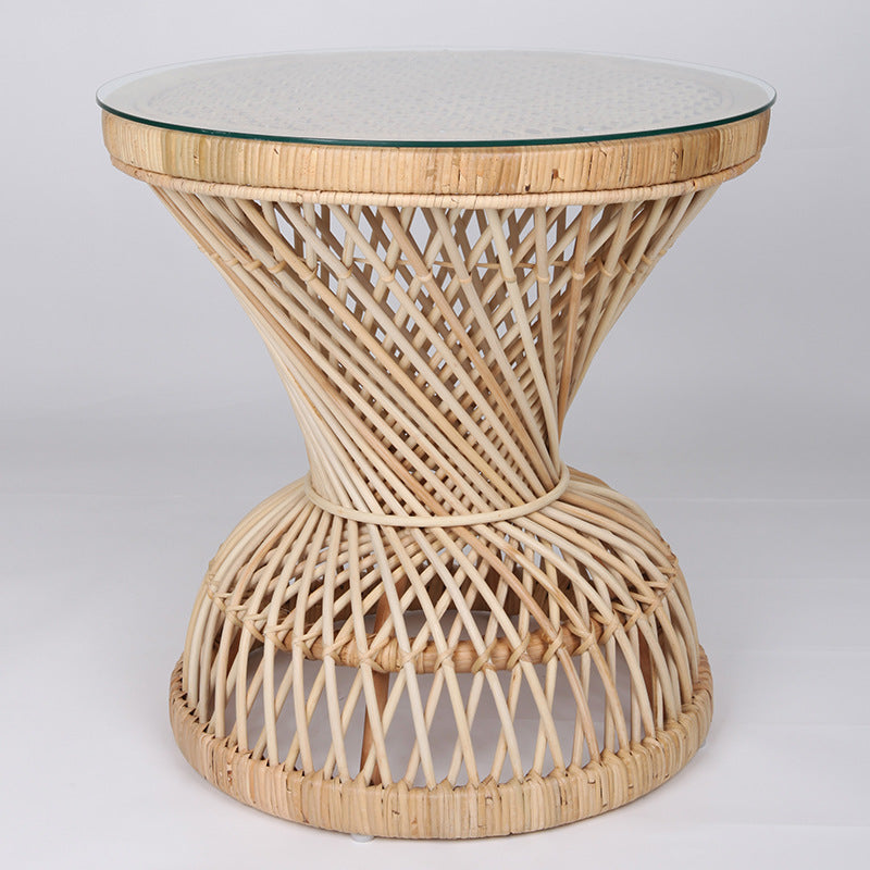 Traditional Chinese Handwoven Indonesian Rattan Side Table - Hourglass Round End Table For Living Room