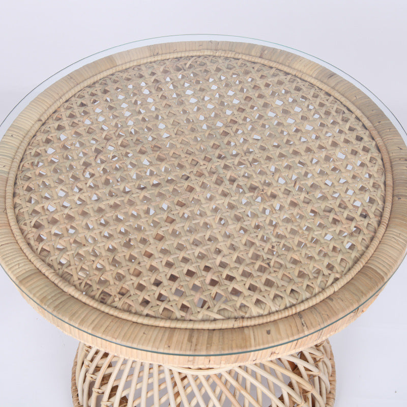 Traditional Chinese Handwoven Indonesian Rattan Side Table - Hourglass Round End Table For Living Room