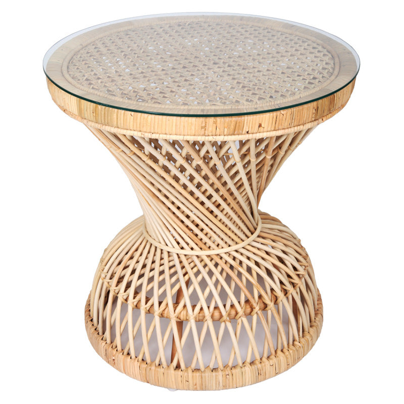 Traditional Chinese Handwoven Indonesian Rattan Side Table - Hourglass Round End Table For Living Room