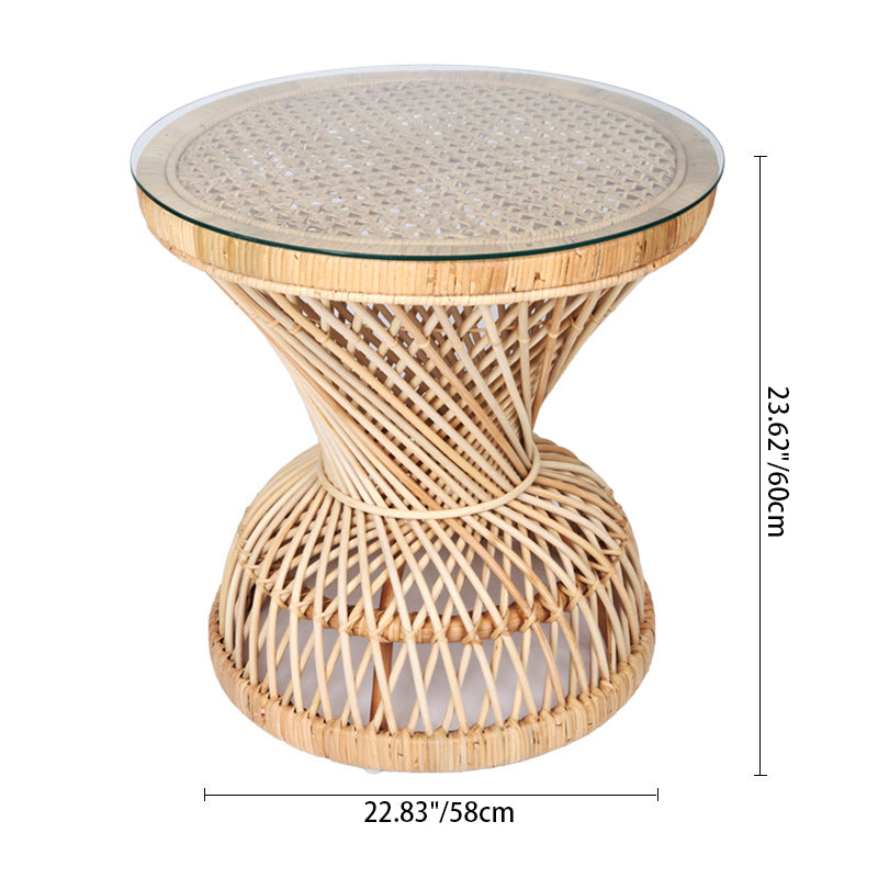 Traditional Chinese Handwoven Indonesian Rattan Side Table - Hourglass Round End Table For Living Room