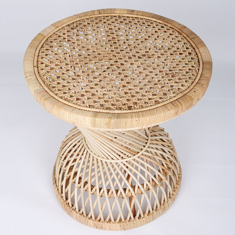 Traditional Chinese Handwoven Indonesian Rattan Side Table - Hourglass Round End Table For Living Room