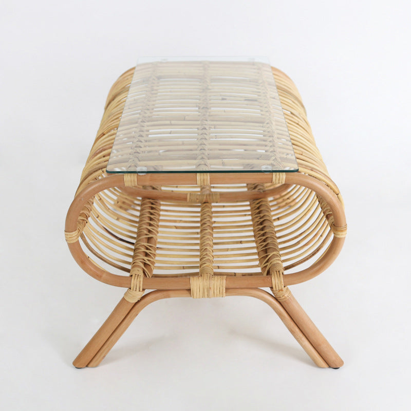 Table basse japonaise traditionnelle en bambou et rotin avec plateau en verre - table d&