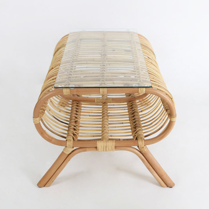 Table basse japonaise traditionnelle en bambou et rotin avec plateau en verre - table d&