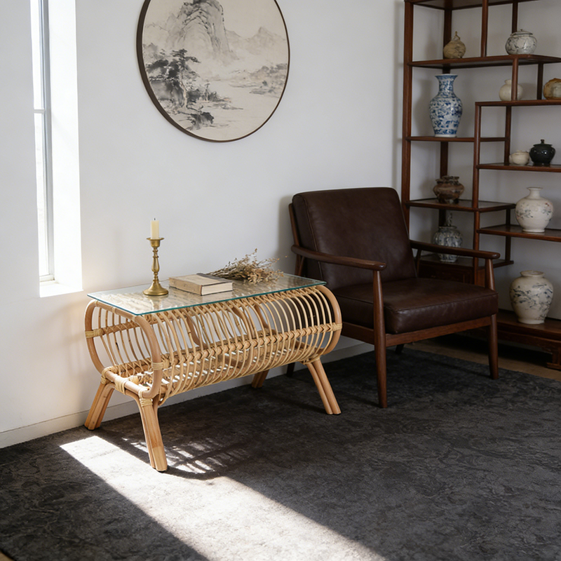Table basse japonaise traditionnelle en bambou et rotin avec plateau en verre - table d&