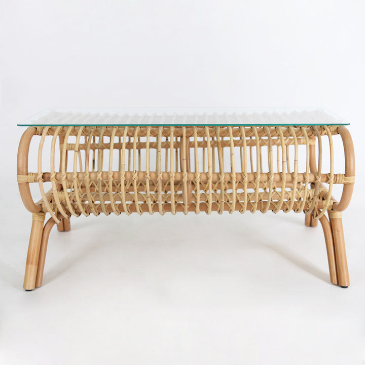 Table basse japonaise traditionnelle en bambou et rotin avec plateau en verre - table d&