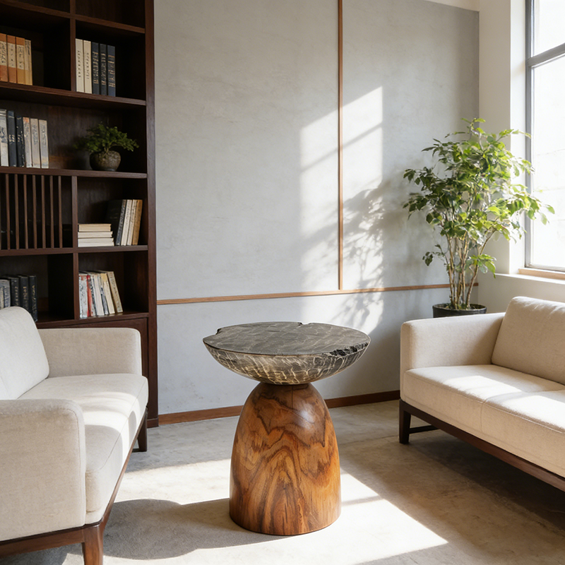 Traditional Bowl Shaped Top Coffee Table - Teak Wood Sculptural End Table For Living Room