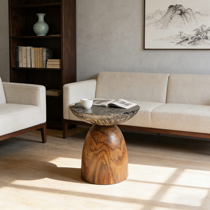 Traditional Bowl Shaped Top Coffee Table - Teak Wood Sculptural End Table For Living Room