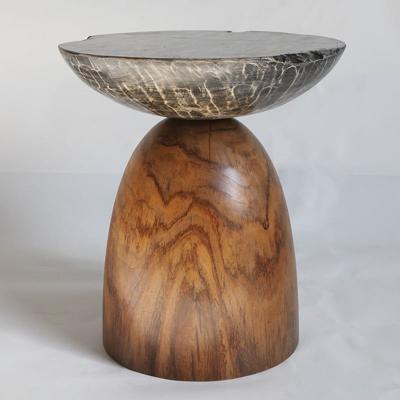 Traditional Bowl Shaped Top Coffee Table - Teak Wood Sculptural End Table For Living Room
