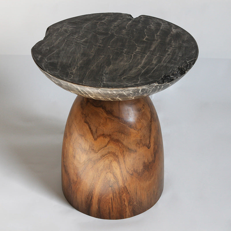 Traditional Bowl Shaped Top Coffee Table - Teak Wood Sculptural End Table For Living Room