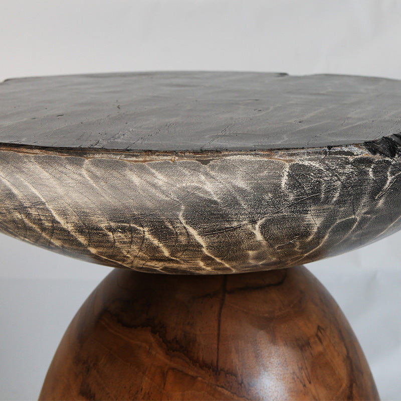 Traditional Bowl Shaped Top Coffee Table - Teak Wood Sculptural End Table For Living Room