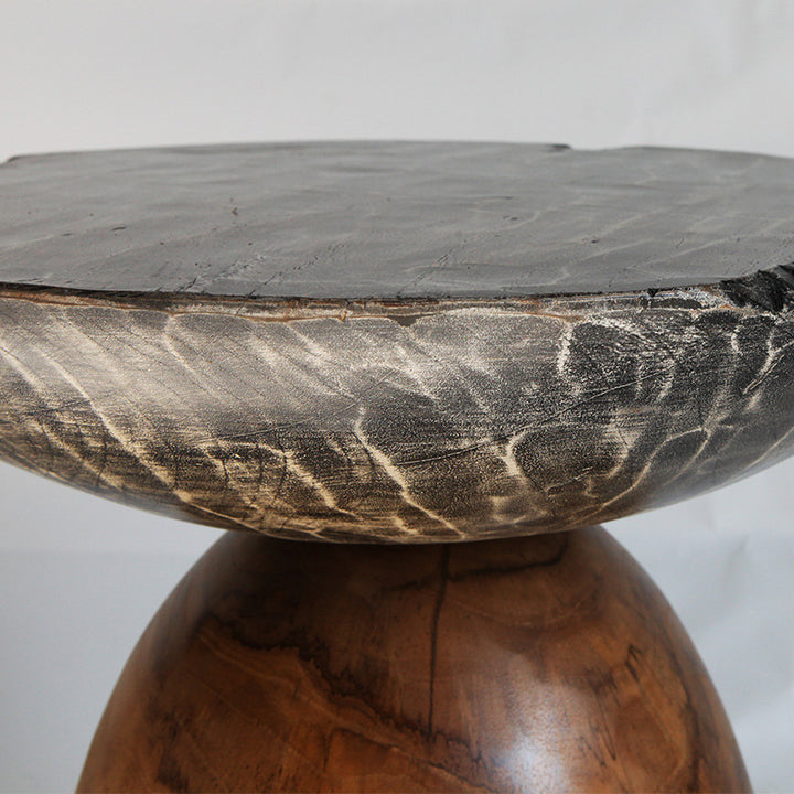 Traditional Bowl Shaped Top Coffee Table - Teak Wood Sculptural End Table For Living Room