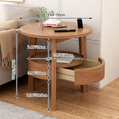 Modern Minimalist Round Rubberwood Side Table 1-Drawer For Living Room