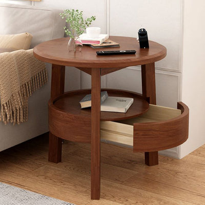 Modern Minimalist Round Rubberwood Side Table 1-Drawer For Living Room