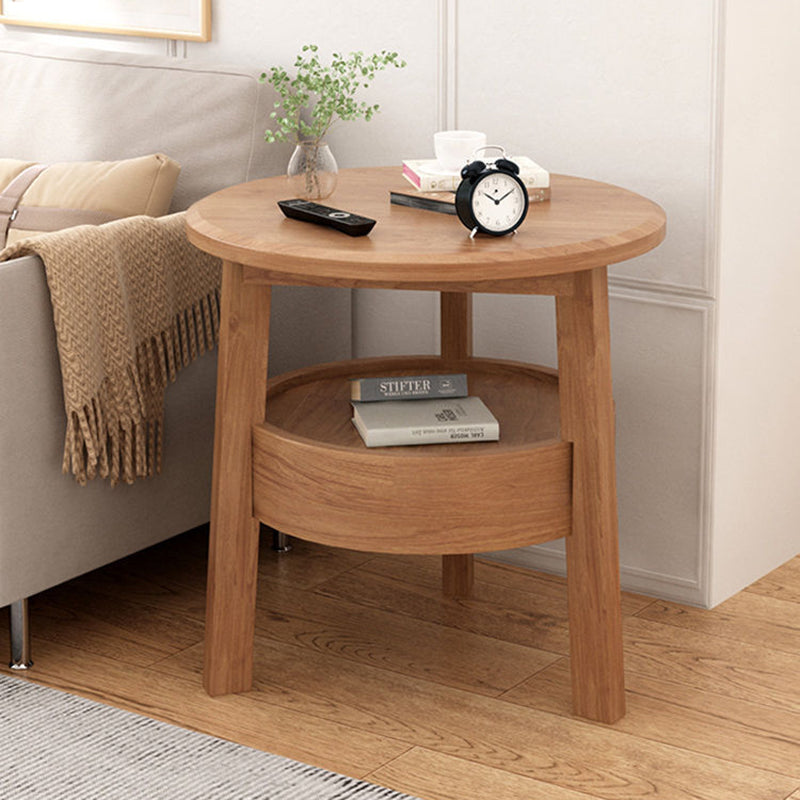 Modern Minimalist Round Rubberwood Side Table 1-Drawer For Living Room