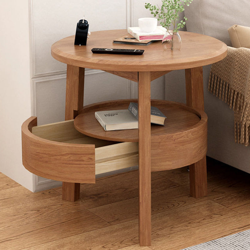 Modern Minimalist Round Rubberwood Side Table 1-Drawer For Living Room