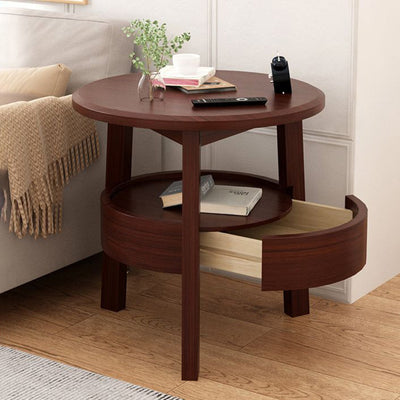 Modern Minimalist Round Rubberwood Side Table 1-Drawer For Living Room
