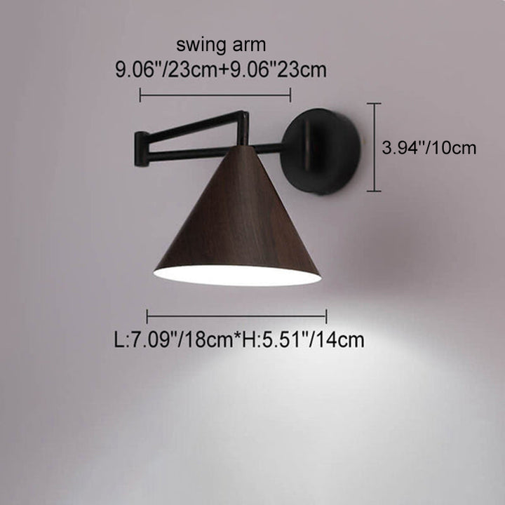 Moderne nordische 1-flammige Wandleuchte mit schwenkbarem Arm aus Eisen in Holzoptik in Kegelform fürs Schlafzimmer 