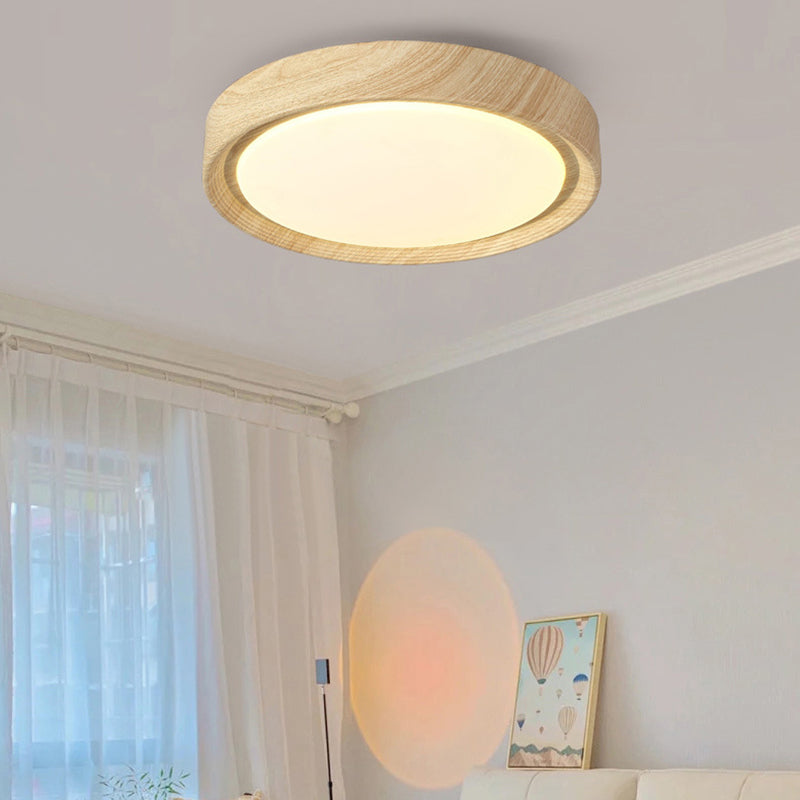 Modern Minimalist Round Wood Grain Iron Acrylic LED Flush Mount Light