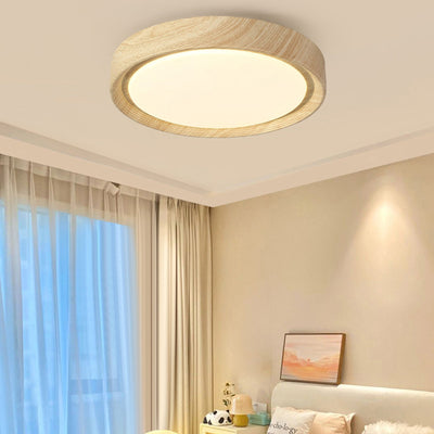Modern Minimalist Round Wood Grain Iron Acrylic LED Flush Mount Light
