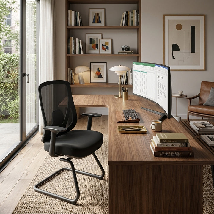 Silla de recepción con lazo minimalista y elegante - silla de escritorio con malla transpirable y cojín de alivio de presión de esponja de alta resiliencia para oficina en casa 
