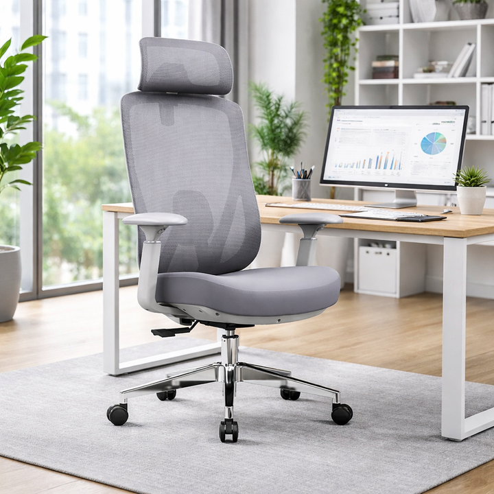 Modern Minimalist Grey High-Back Mesh Executive Chair - 4D Adjustable Headrest & Tilt Ergonomic Office Chair For Home Office