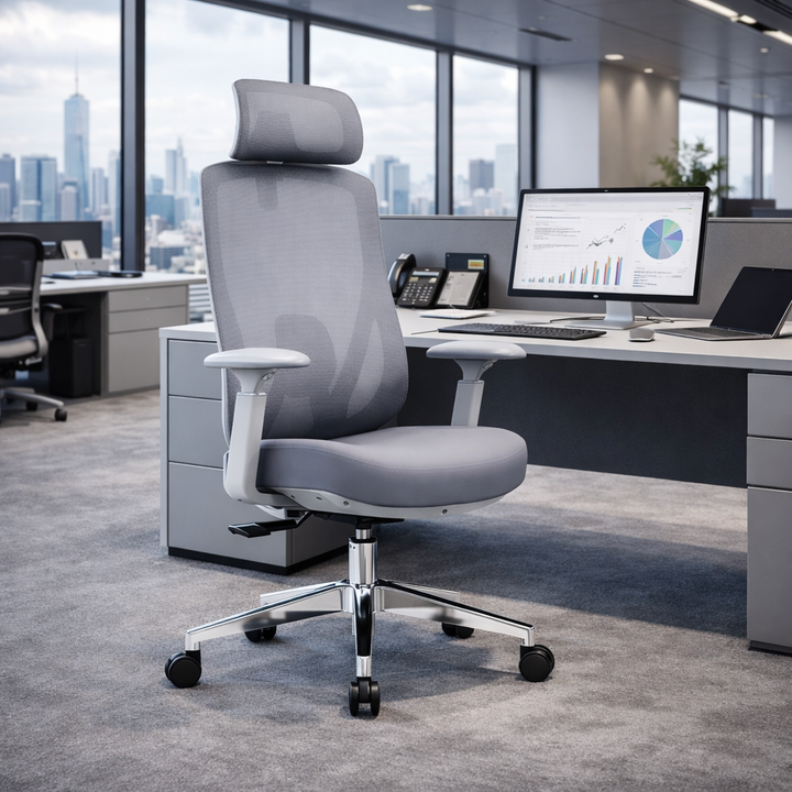 Modern Minimalist Grey High-Back Mesh Executive Chair - 4D Adjustable Headrest & Tilt Ergonomic Office Chair For Home Office