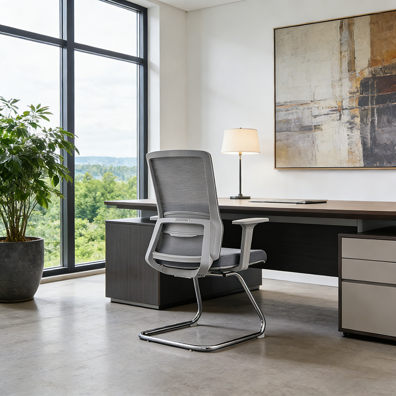 Moderner ergonomischer Besucherstuhl aus grauem Netzgewebe mit Lendenstütze – robuster Freischwinger-Schreibtischstuhl mit galvanisiertem Stahlrahmen fürs Homeoffice 