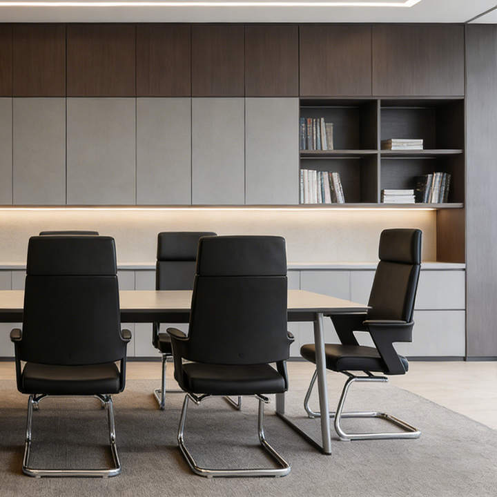 Modern Executive High-Back Black PU Leather Top Grain Leather Desk Chair - Cantilever Office Chair With 180° Swivel & Auto-Return Function For Home Office