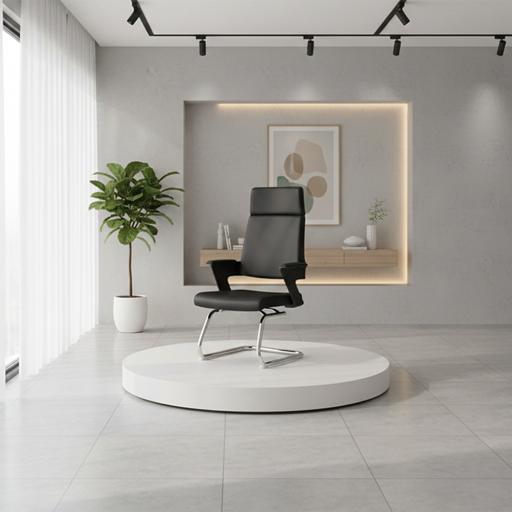 Modern Executive High-Back Black PU Leather Top Grain Leather Desk Chair - Cantilever Office Chair With 180° Swivel & Auto-Return Function For Home Office