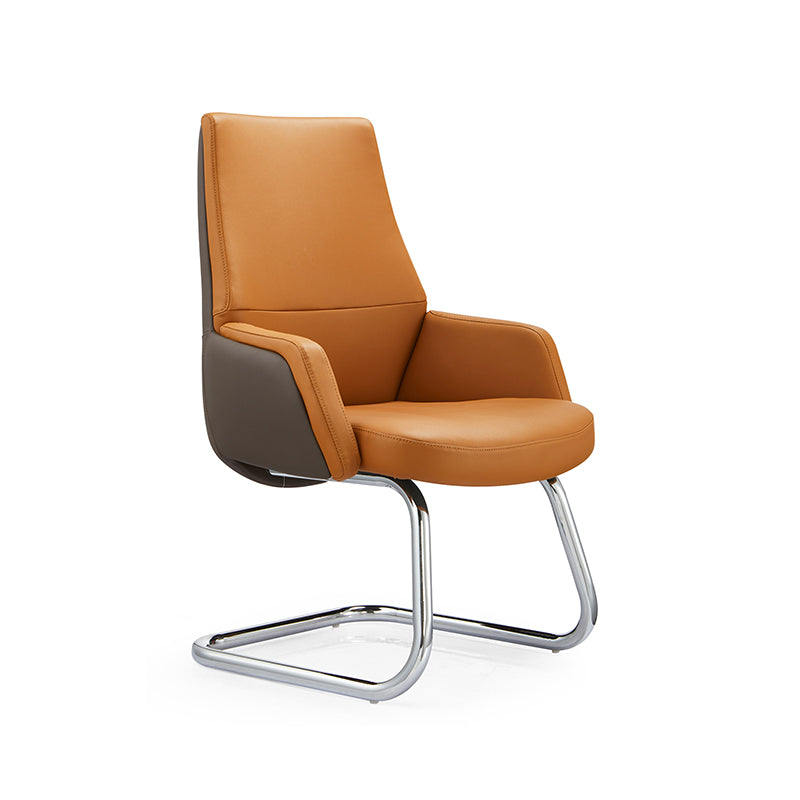 Modern Executive Two-Tone PU Leather Desk Chair - Warm Brown Cantilever Office Chair With Ergonomic Headrest &amp; Chrome Base For Home Office