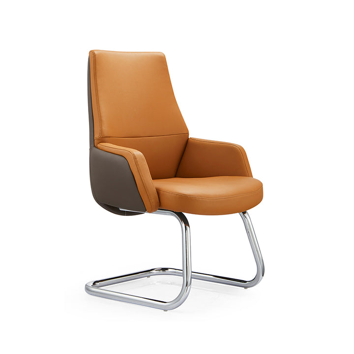 Modern Executive Two-Tone PU Leather Desk Chair - Warm Brown Cantilever Office Chair With Ergonomic Headrest &amp; Chrome Base For Home Office