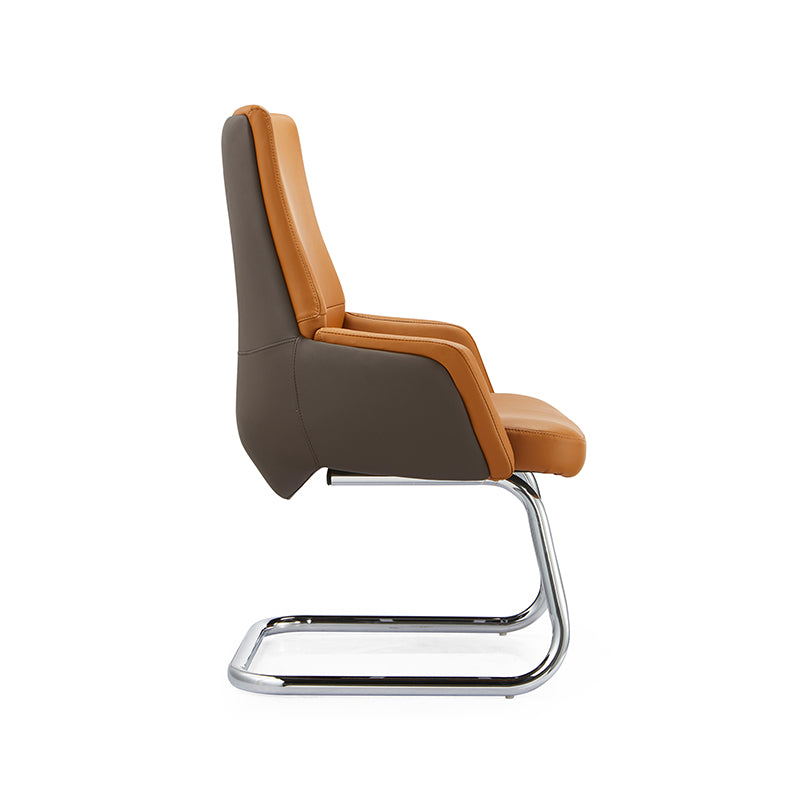Modern Executive Two-Tone PU Leather Desk Chair - Warm Brown Cantilever Office Chair With Ergonomic Headrest &amp; Chrome Base For Home Office