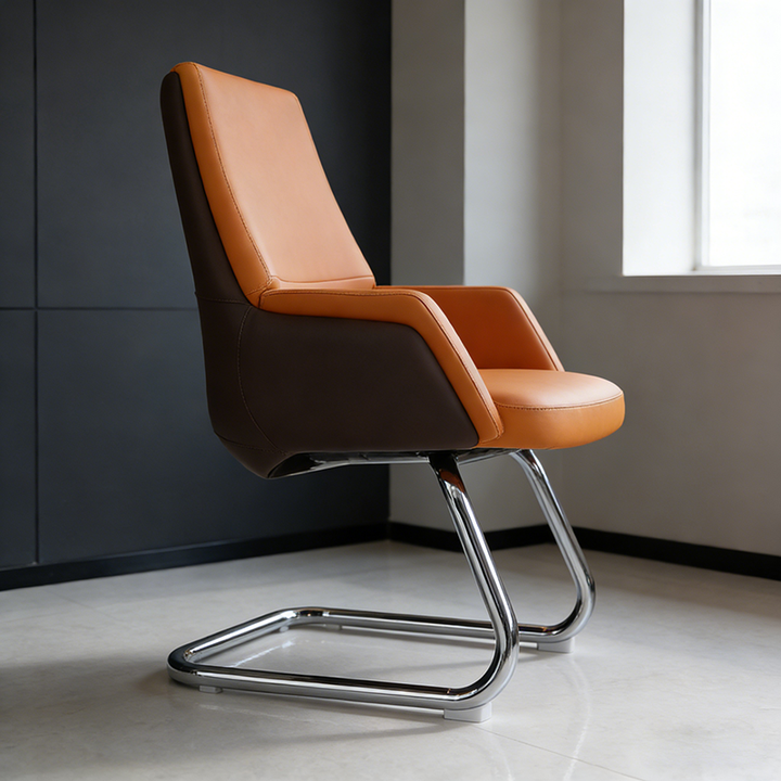 Modern Executive Two-Tone PU Leather Desk Chair - Warm Brown Cantilever Office Chair With Ergonomic Headrest &amp; Chrome Base For Home Office