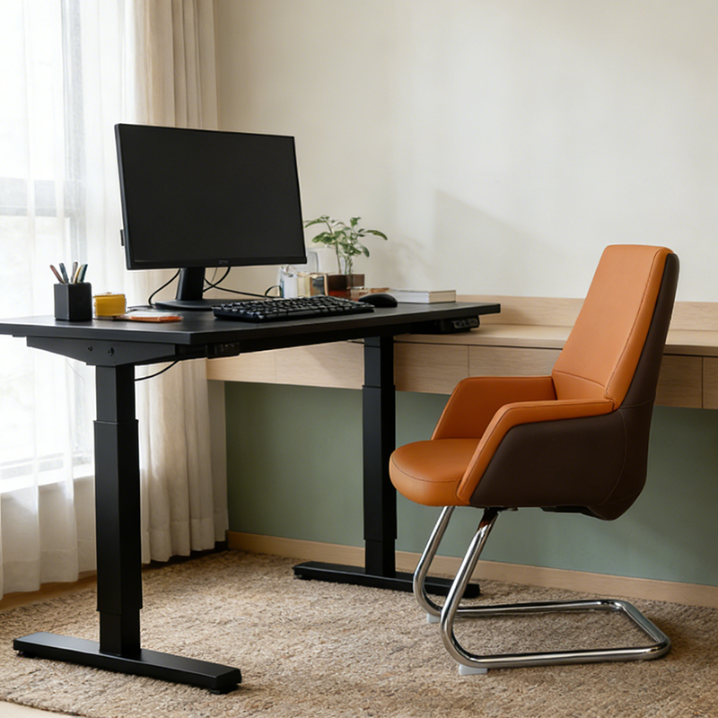 Modern Executive Two-Tone PU Leather Desk Chair - Warm Brown Cantilever Office Chair With Ergonomic Headrest &amp; Chrome Base For Home Office