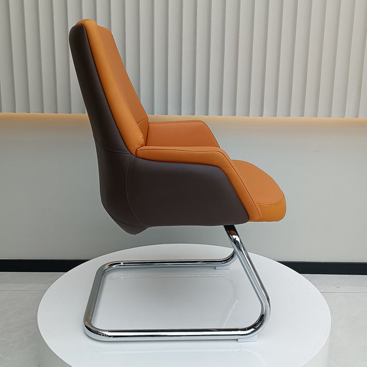 Modern Executive Two-Tone PU Leather Desk Chair - Warm Brown Cantilever Office Chair With Ergonomic Headrest &amp; Chrome Base For Home Office