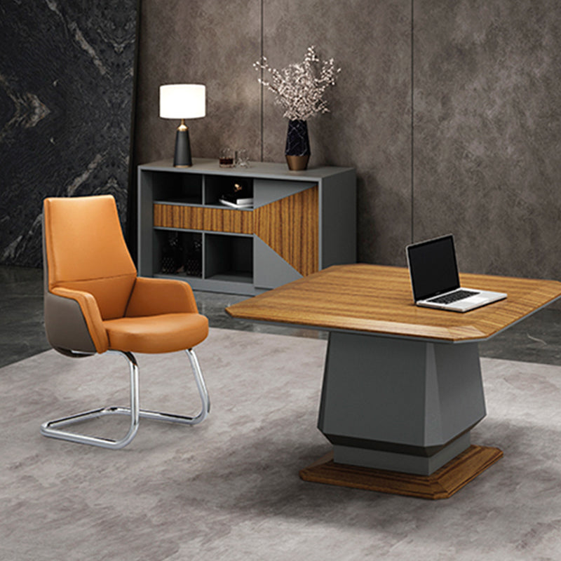Modern Executive Two-Tone PU Leather Desk Chair - Warm Brown Cantilever Office Chair With Ergonomic Headrest &amp; Chrome Base For Home Office