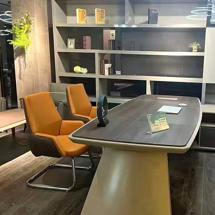 Modern Executive Two-Tone PU Leather Desk Chair - Warm Brown Cantilever Office Chair With Ergonomic Headrest & Chrome Base For Home Office