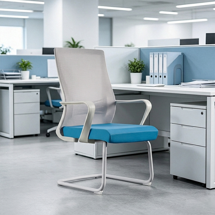 Moderner Executive-Meshstuhl mit hoher Rückenlehne und ergonomischer Unterstützung – Schreibtischstuhl mit blauem Sitzkissen und weißem Gestell fürs Homeoffice 