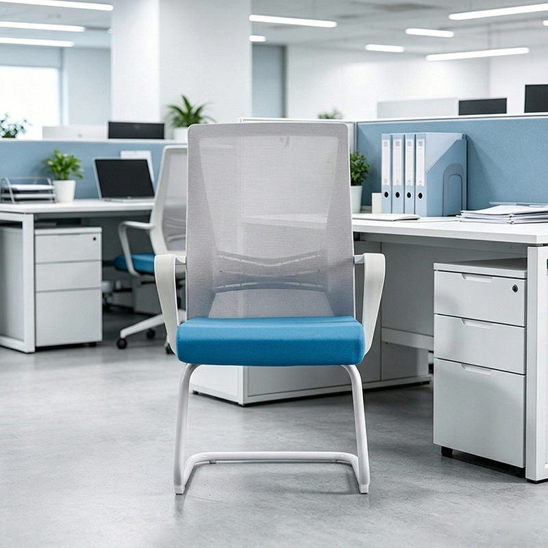 Moderner Executive-Meshstuhl mit hoher Rückenlehne und ergonomischer Unterstützung – Schreibtischstuhl mit blauem Sitzkissen und weißem Gestell fürs Homeoffice 