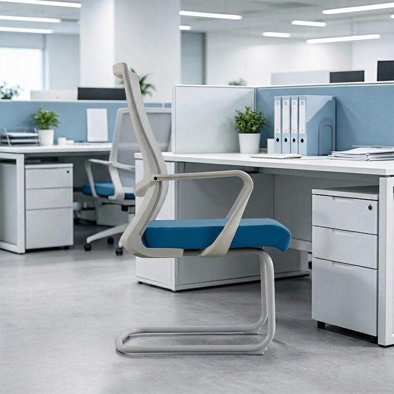 Moderner Executive-Meshstuhl mit hoher Rückenlehne und ergonomischer Unterstützung – Schreibtischstuhl mit blauem Sitzkissen und weißem Gestell fürs Homeoffice 