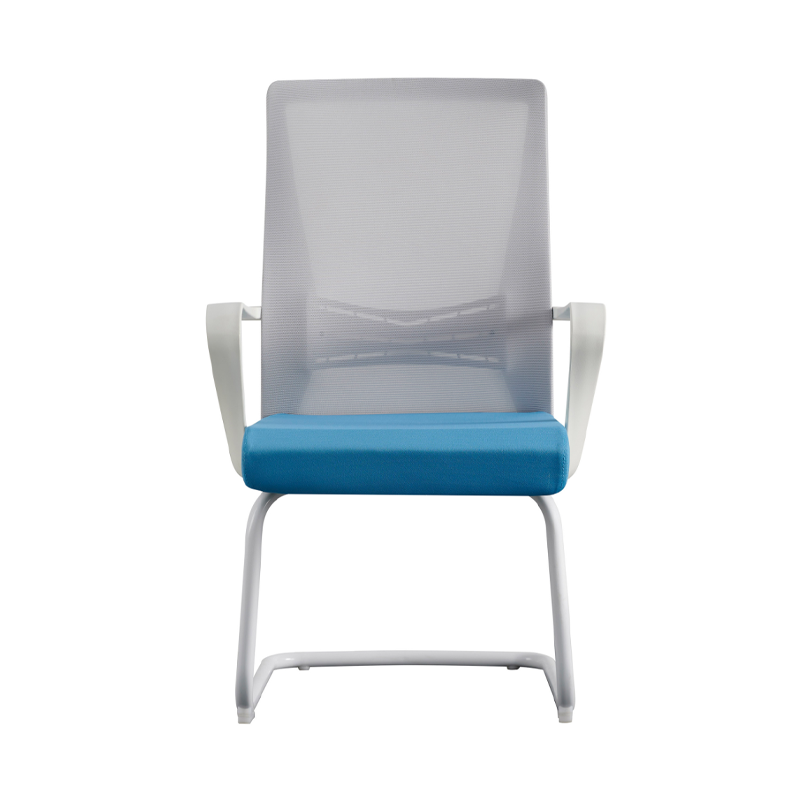 Moderner Executive-Meshstuhl mit hoher Rückenlehne und ergonomischer Unterstützung – Schreibtischstuhl mit blauem Sitzkissen und weißem Gestell fürs Homeoffice 